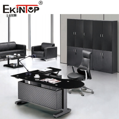 Muebles comerciales del edificio de oficinas del escritorio de cristal de cuero en forma de L negro