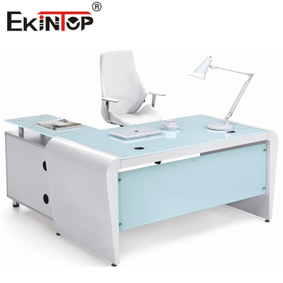 Mesa de cristal azul blanca del ordenador de oficina del rectángulo con los cajones y el almacenamiento
