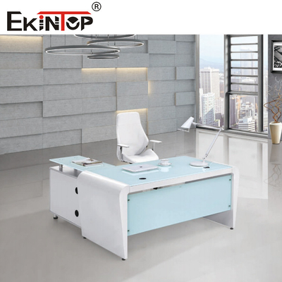 Mesa de cristal azul blanca del ordenador de oficina del rectángulo con los cajones y el almacenamiento