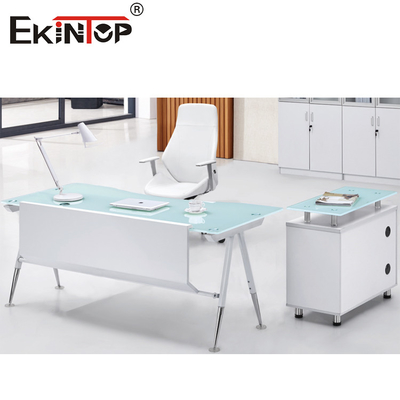 Mesa de cristal azul blanca del ordenador de oficina del rectángulo con los cajones y el almacenamiento