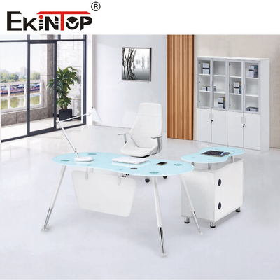 L azul blanco CEO Office Glass Desk de la forma con la superficie lisa del gabinete