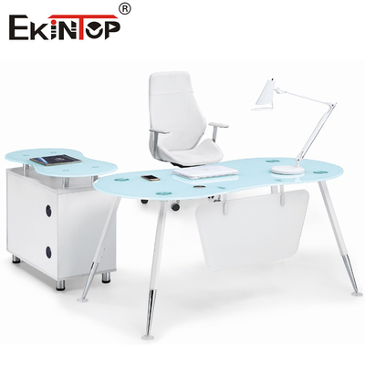 L azul blanco CEO Office Glass Desk de la forma con la superficie lisa del gabinete