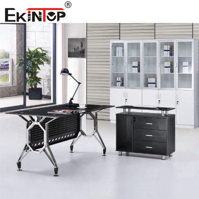 Muebles de escritorio contemporáneos de vidrio negro Piernas de metal con cajón