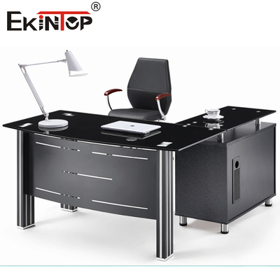 Mesa de cristal moderna con las piernas del metal y la tabla de cristal ejecutiva del cajón