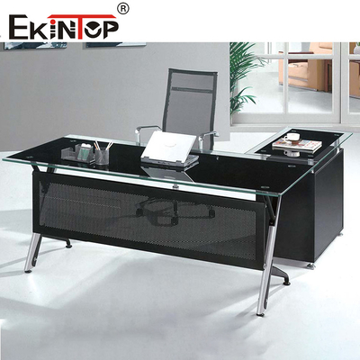Muebles comerciales Escritorio de vidrio negro con patas de metal personalizadas