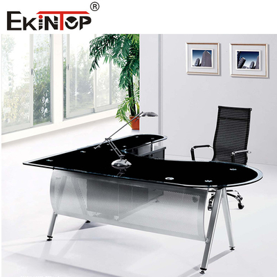 Muebles comerciales Escritorio de vidrio negro con patas de metal personalizadas