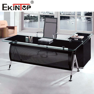 Muebles comerciales Escritorio de vidrio negro con patas de metal personalizadas