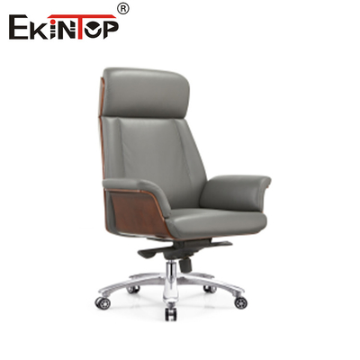 Reverso alto giratorio de altura ajustable con base de madera y silla de cuero gris