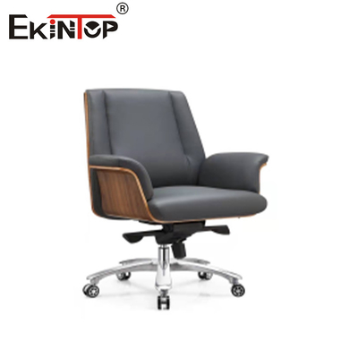 Reverso alto giratorio de altura ajustable con base de madera y silla de cuero gris