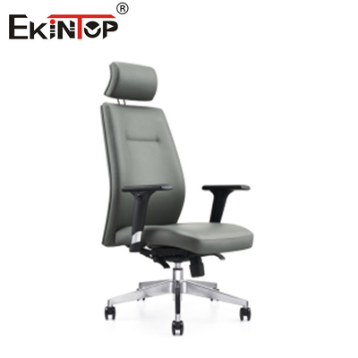 Silla de oficina de cuero gris con respaldo de cabeza de altura ajustable