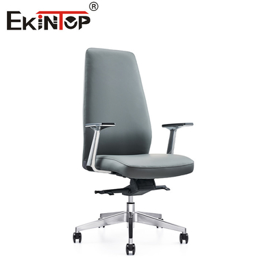 Silla de oficina de cuero azul gris ecológico con reposabrazos y altura ajustables