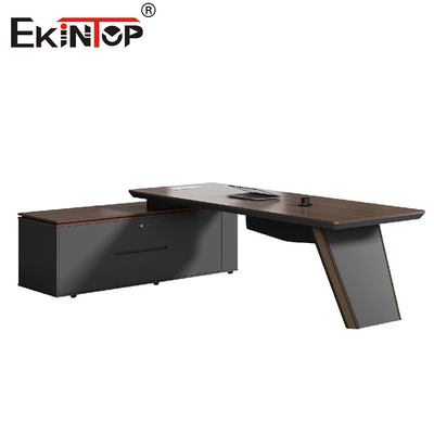 Escritorio de madera negra estilo comercial con muebles de oficina de gabinete lateral