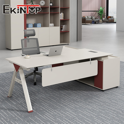 Escritorio minimalista Escritorio de madera de acacia con gabinete de almacenamiento y piernas de metal