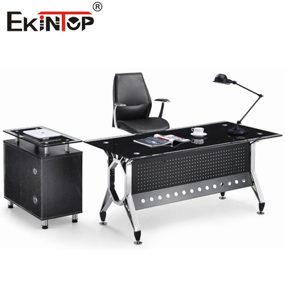 Muebles de escritorio contemporáneos de vidrio negro Piernas de metal con cajón