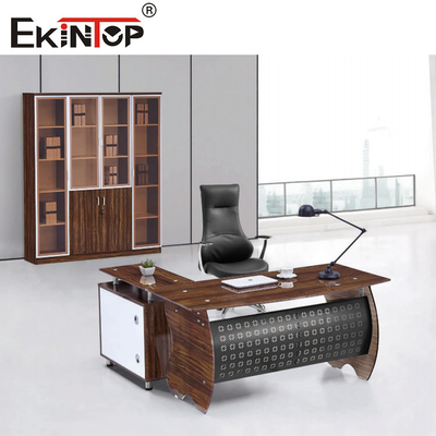 Tejido de vidrio marrón negro en la mesa de madera con piernas de metal Muebles de oficina para el hogar