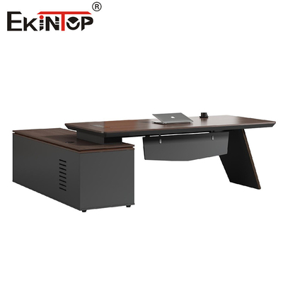 Escritorio de madera negra estilo comercial con muebles de oficina de gabinete lateral